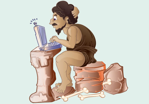 illustration of caveman using laptop