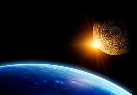 Mayan calendar eclipsing sun in space