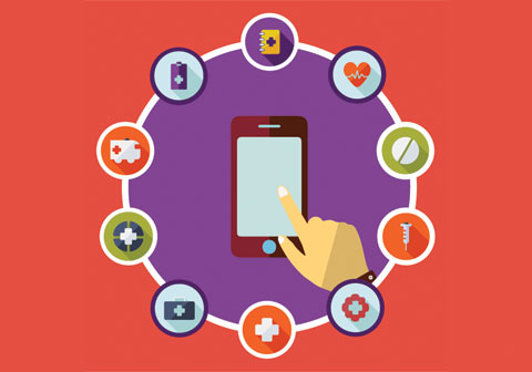 illustration of medical icons surrounding a mobile device