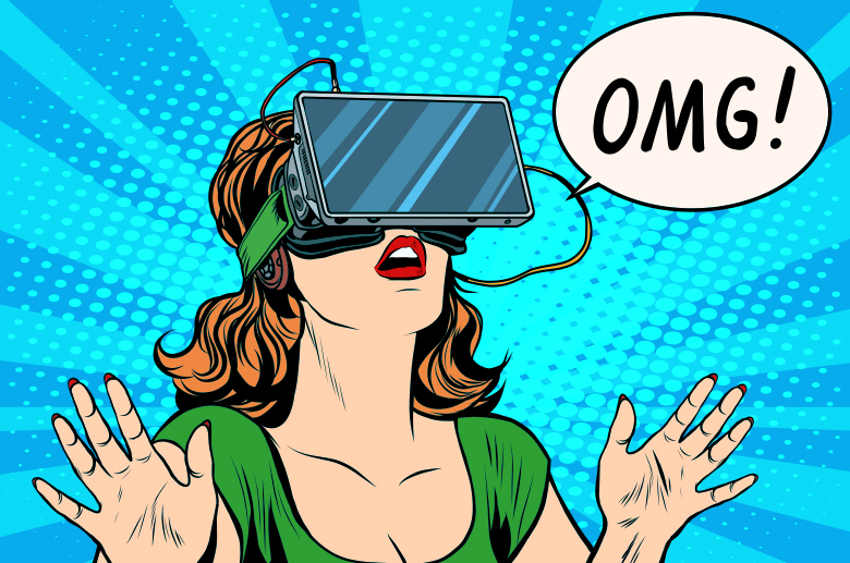 comic illustration of virtual reality headset, women stating OMG