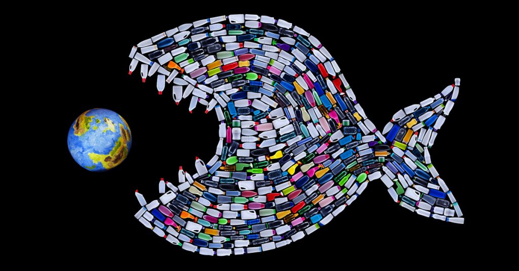 Earth Day fish out of plastic bottles on back Every day should be Earth Daybackground with Earth