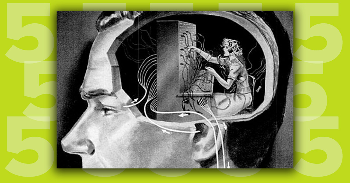 drawing of man with telephone operator inside his head