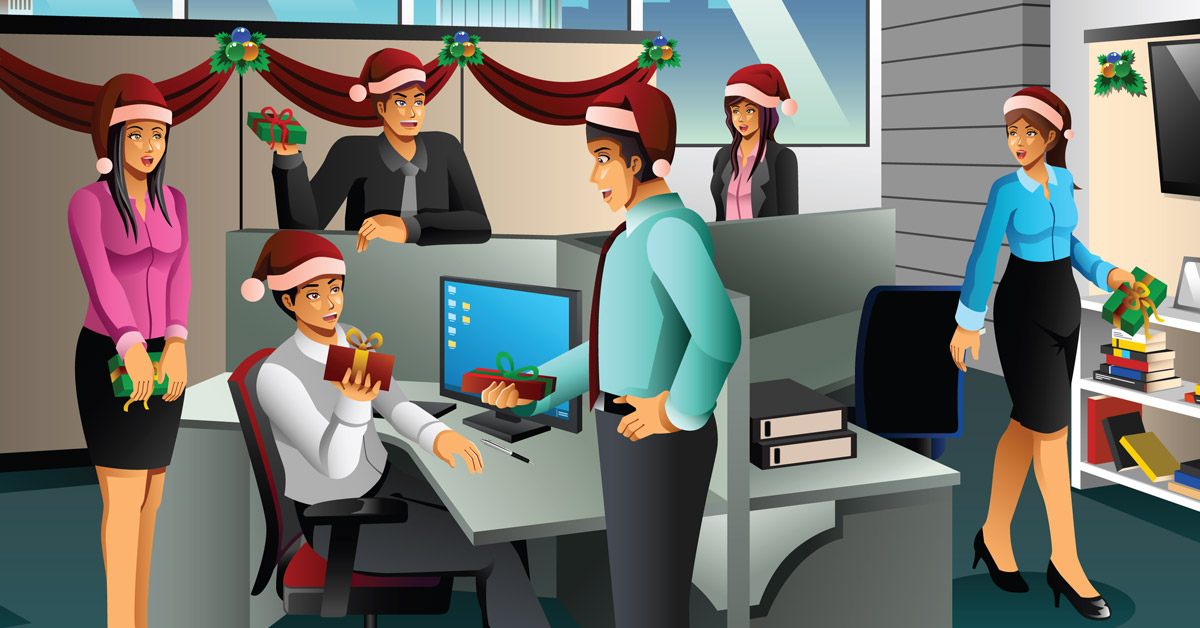 illustration of office workers exchanging gifts