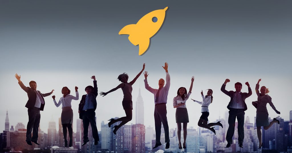 Office professionals jumping with rocket icon