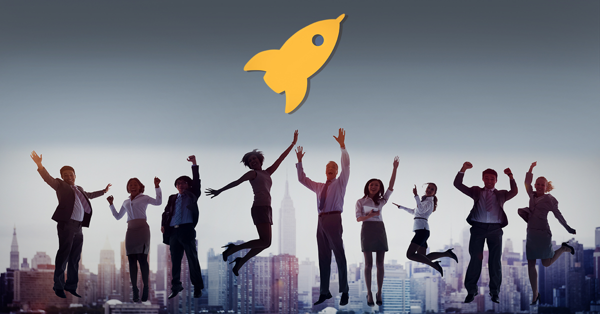 Office professionals jumping with rocket icon