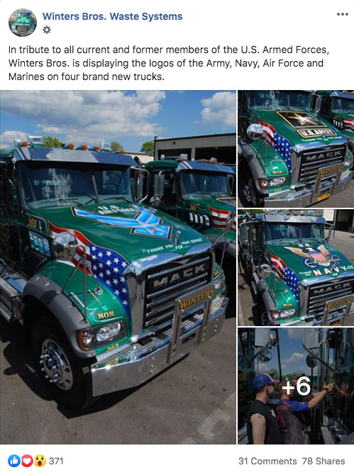 Winters Bros social media Facebook post garbage trucks with military seals on hood
