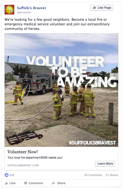 Suffolk's Bravest facebook post - Volunteer to be amazing