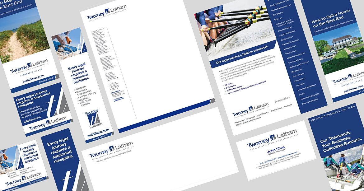 Twomey Latham collateral material - brohcure, banners, stationery, ads